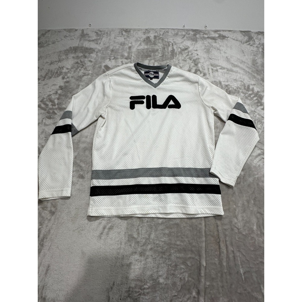 Fila Mesh Jersey Men's Size Small White Long Sleeve V-Neck Black Gray Striped